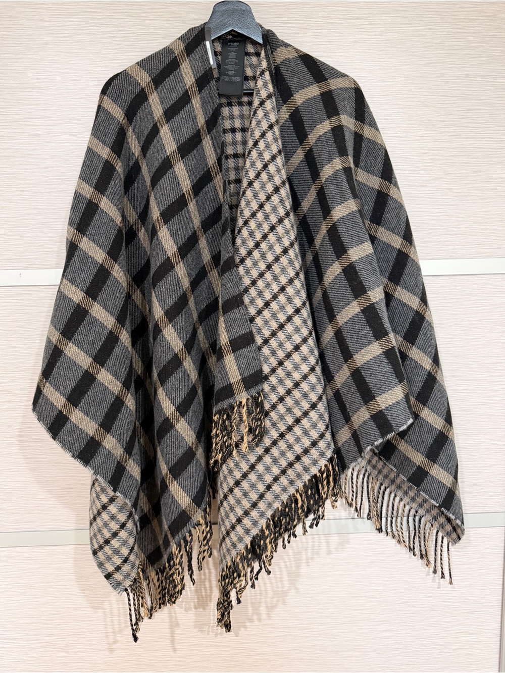 NWT MAJE Wool Blend Poncho in Black/Camel